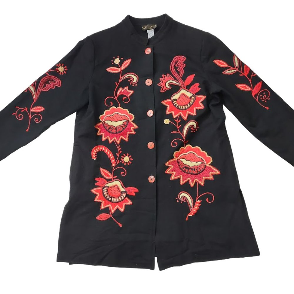 Alex Kim Asian Inspired Cotton Embroidered Knee Length Coat Jacket Large